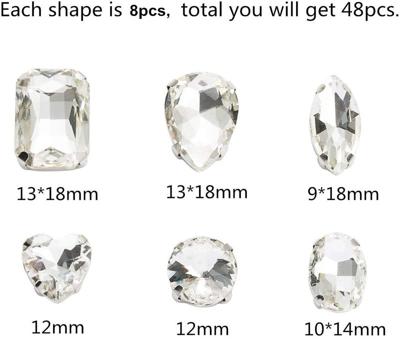Choupee Sew On Rhinestones, Choupee 48PCS Mixed Shapes Flatback Sew On Glass Rhinestone Sewing Claw Rhinestone for Craft, Clothes, Garments, Dress, Earring, Belt and Shoes (Clear, Silver Claw) - Image 2